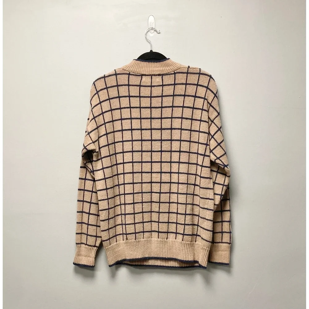 Vintage Aureus Mens Illinois Grid Colorblock Sweater‎ Tan Navy Coral Large